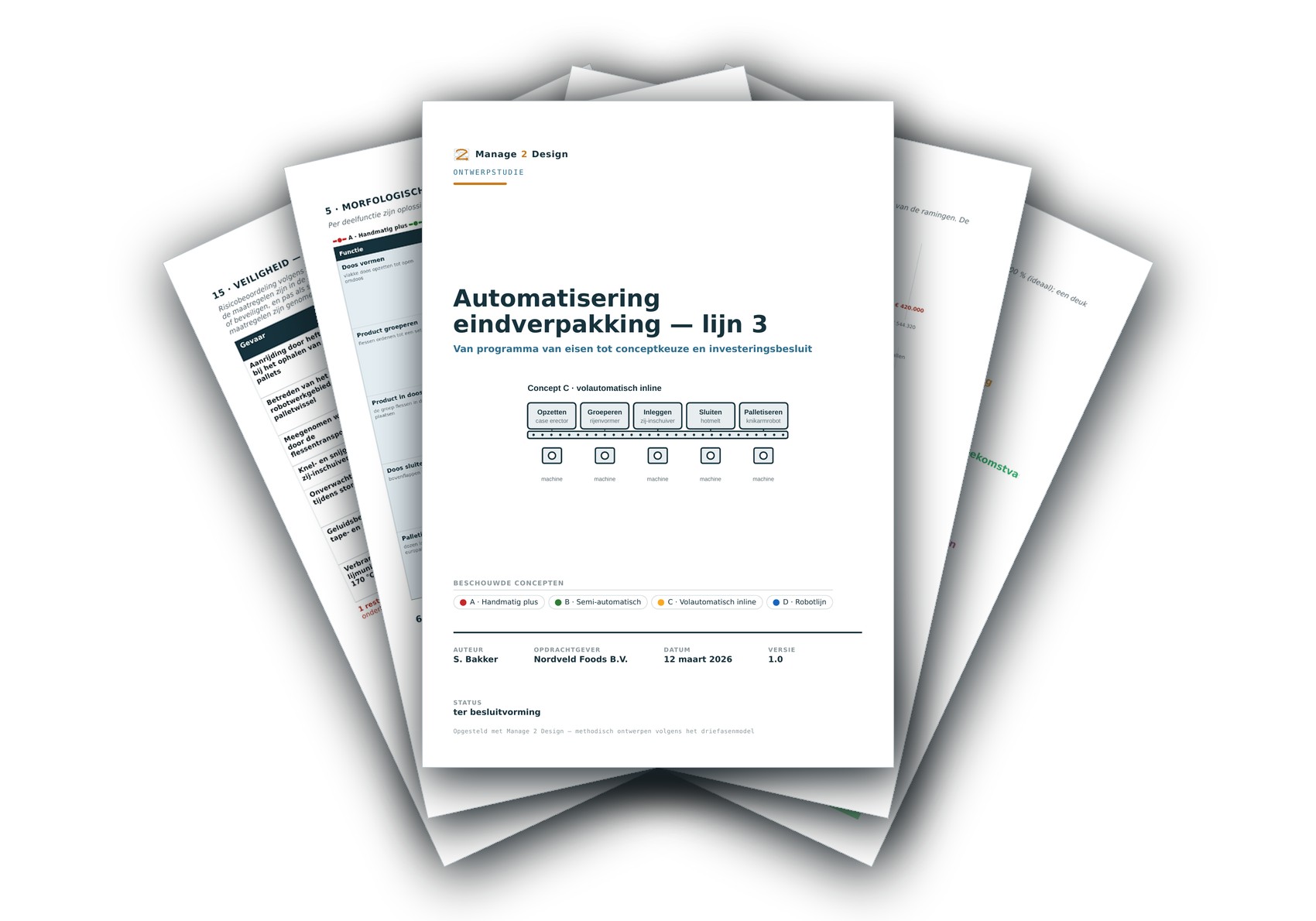 Uitgeprinte pagina\u2019s van het rapport op tafel: titelblad, morfologisch overzicht, kostenoverzicht, themaprofiel en de risicobeoordeling.